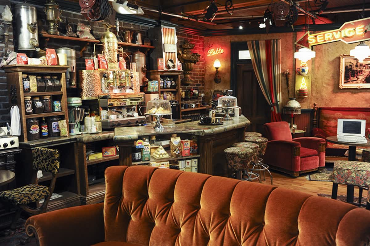Central Perk from the counter, with the couch and the mismatched chairs